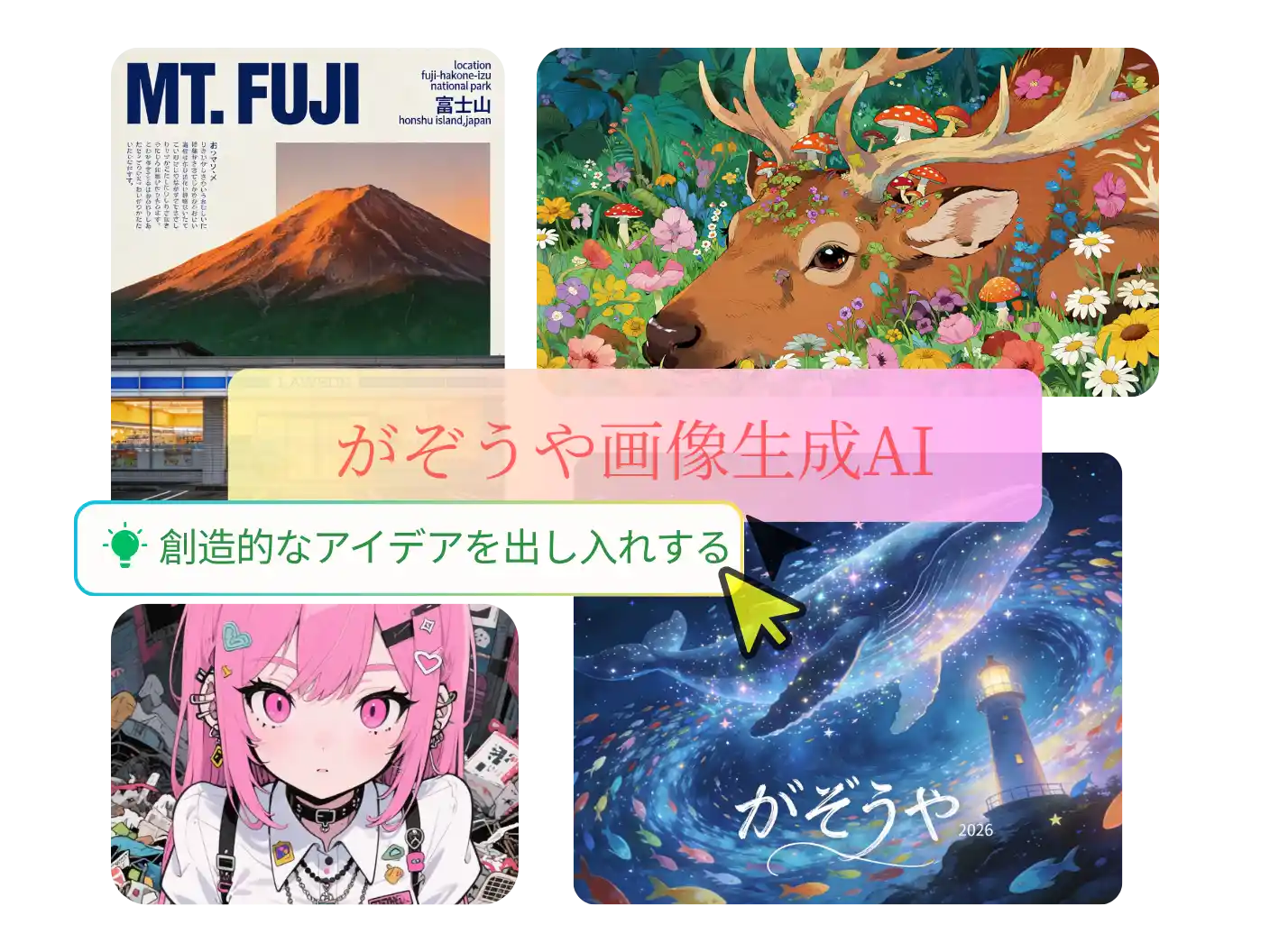 画像生成AIで日本語のアイデアから多彩な画像スタイルを作成するイメージ