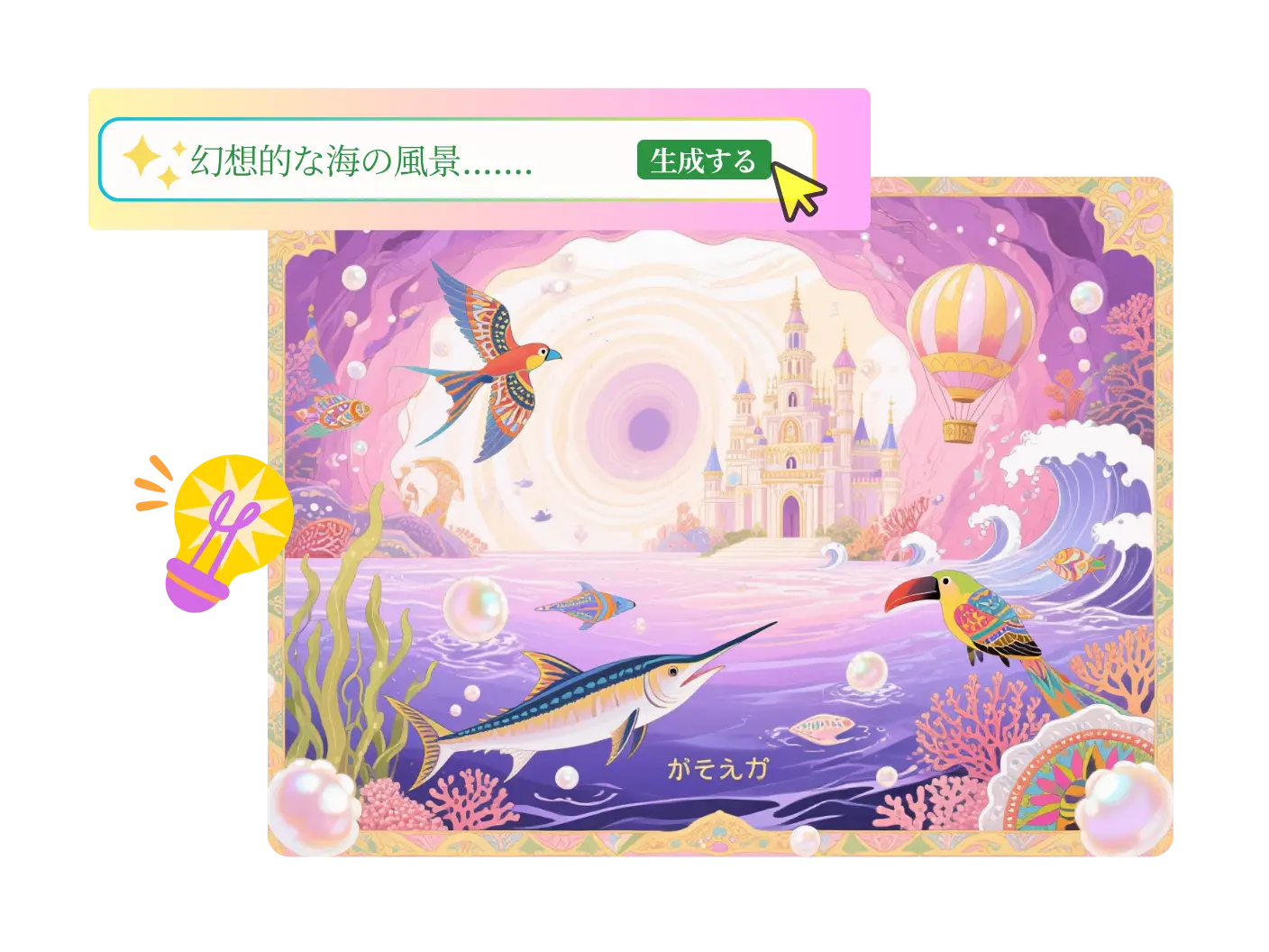 画像生成AIで幻想的な海の風景イラストを生成する日本語入力画面