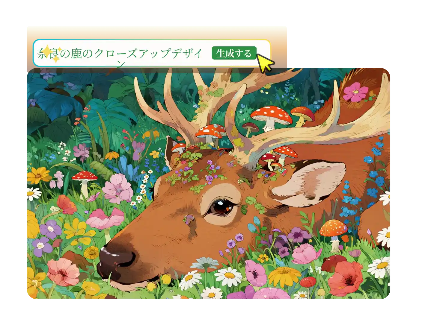 画像生成AIで花と森に囲まれた鹿のイラストを生成する画面