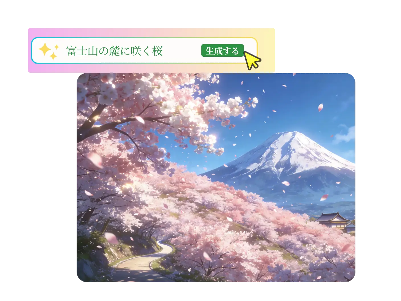 画像生成AIで富士山の麓に咲く桜を日本語プロンプトから生成する画面