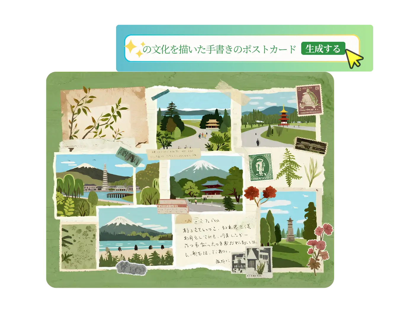 画像生成AIで日本文化を描いた手書き風ポストカードを生成する画面