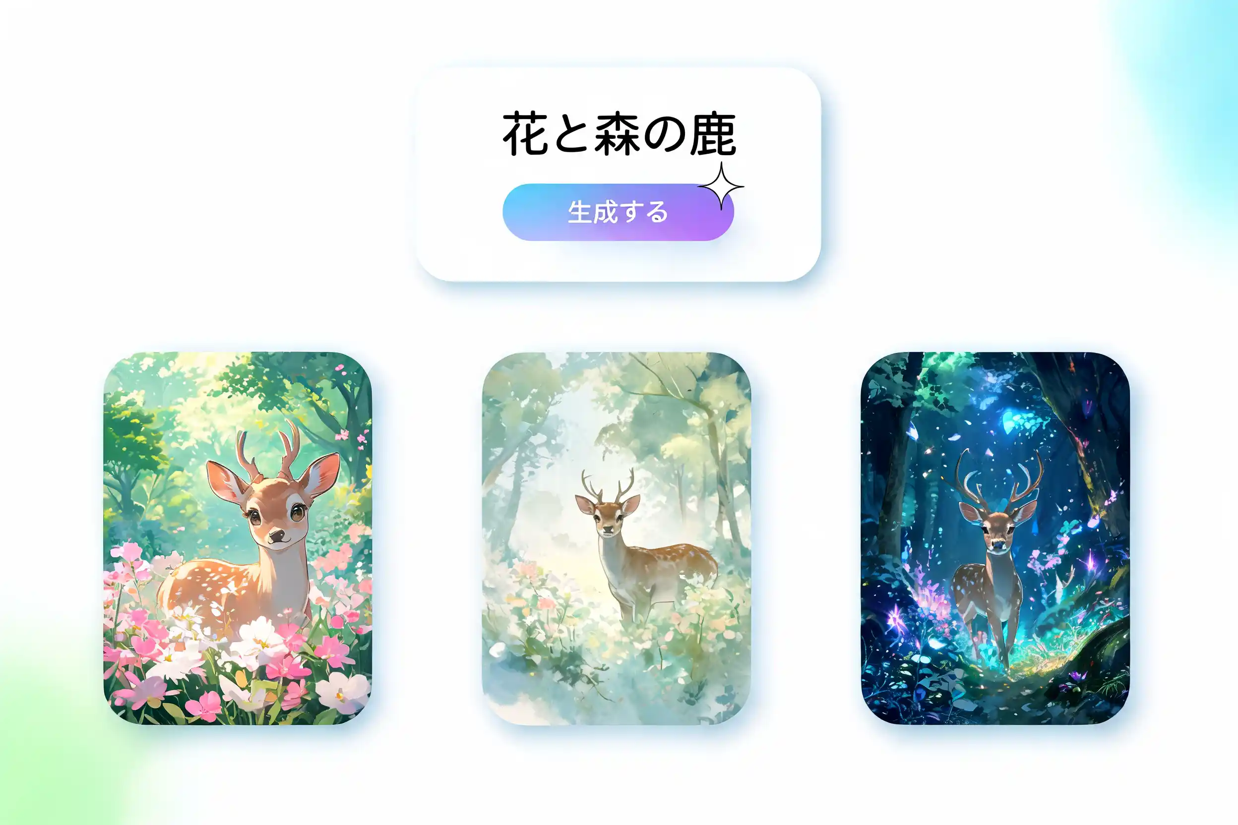 AIイラスト生成で花と森に囲まれた鹿のイラストを作成する画面