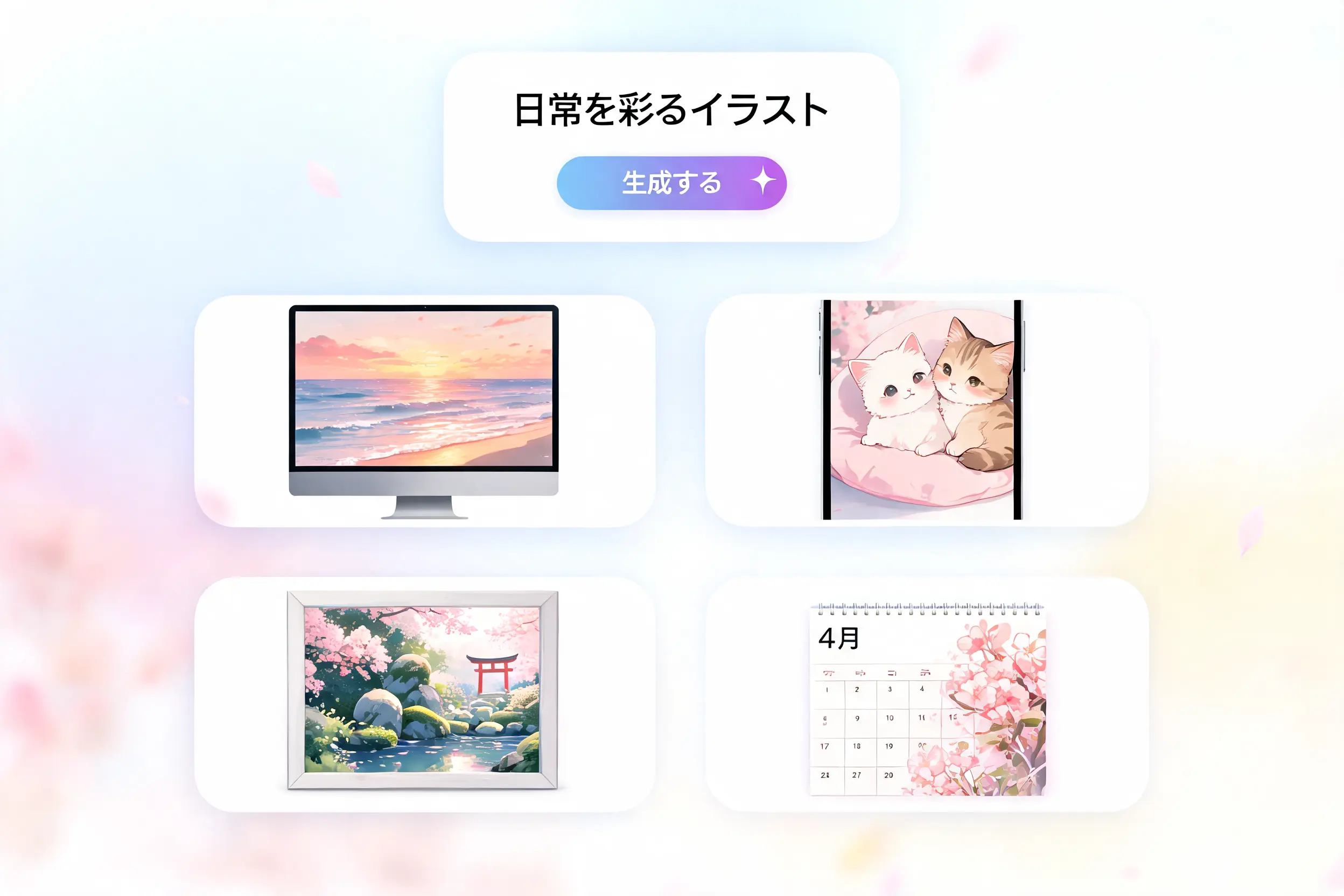 AIイラスト生成で青空と花畑の中にあるバスのアニメ調イラストを作成する画面