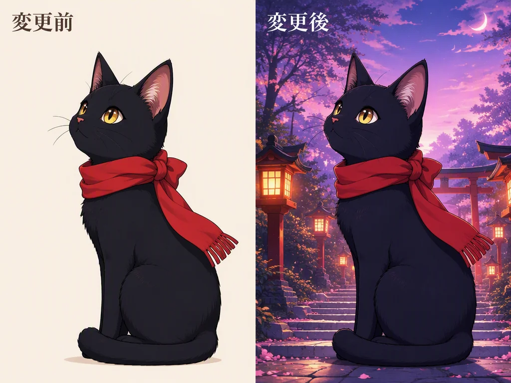 オリジナルのアニメ猫の背景を無地から夕暮れの神社へ変える比較