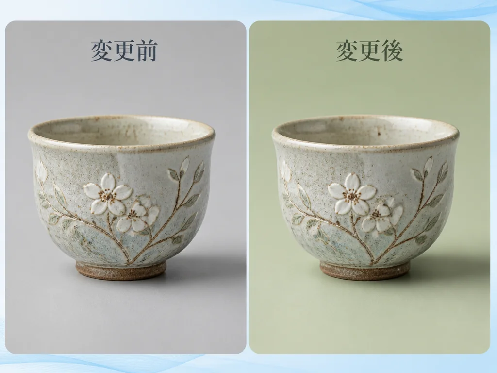 陶器のカップの背景色を灰色から抹茶色へ変える変更前と変更後