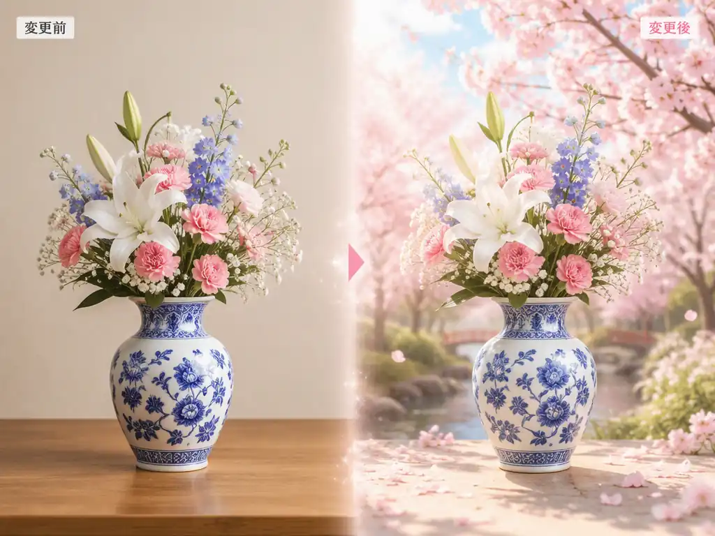 AI背景変更で陶器の花瓶の背景を室内から桜の庭へ変える変更前と変更後