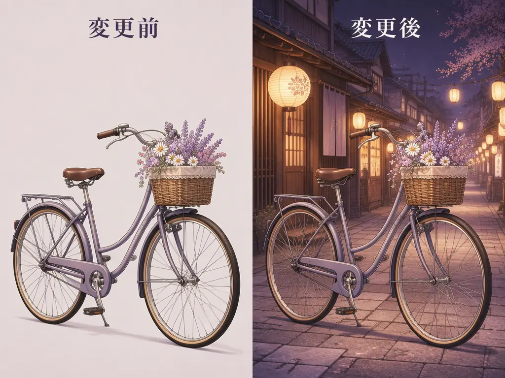 レトロな自転車イラストの背景を無地から夜の商店街へ変える比較