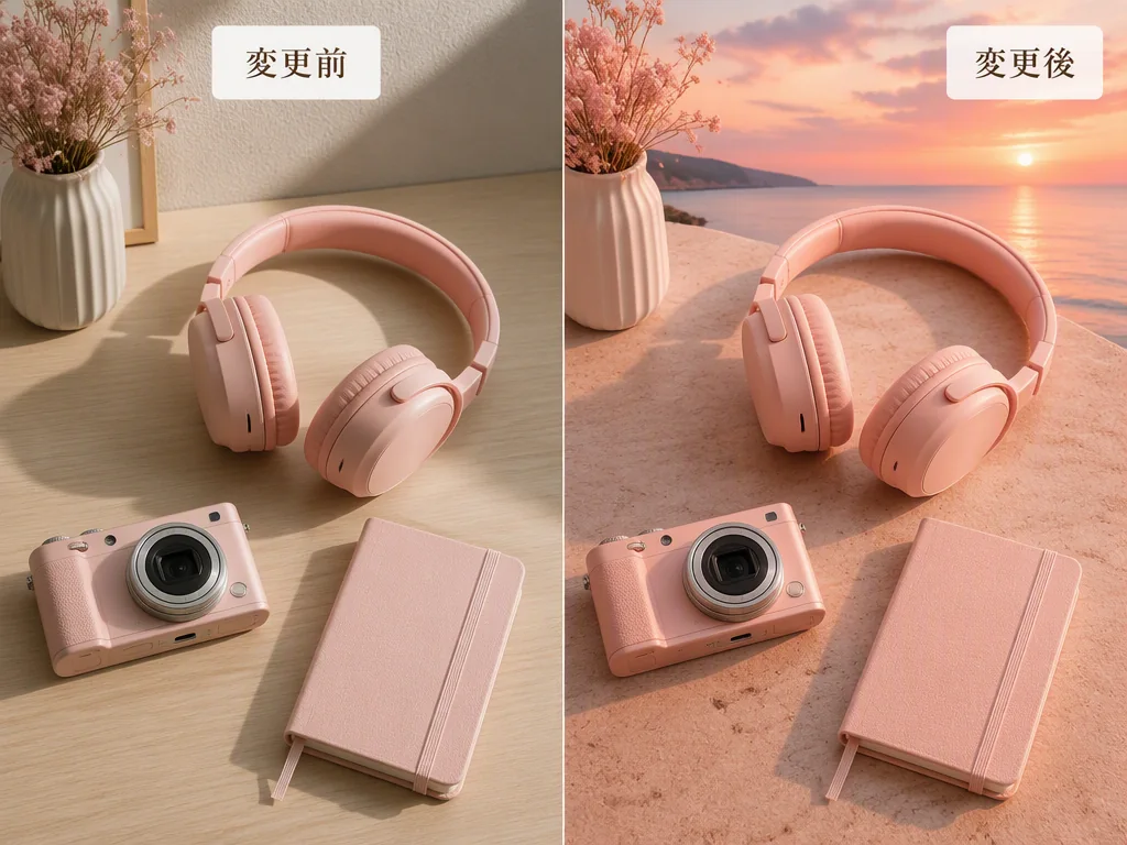 桜色の小物を保ちSNS向け背景を室内から夕暮れの海へ変える比較