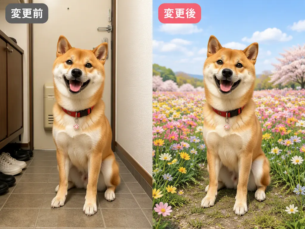 柴犬を保ったまま玄関の背景を花畑へ変えるAI背景変更の比較