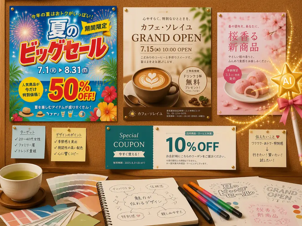 夏のビッグセールやカフェ開店チラシなど複数の販促物が並ぶクリエイティブなコルクボード