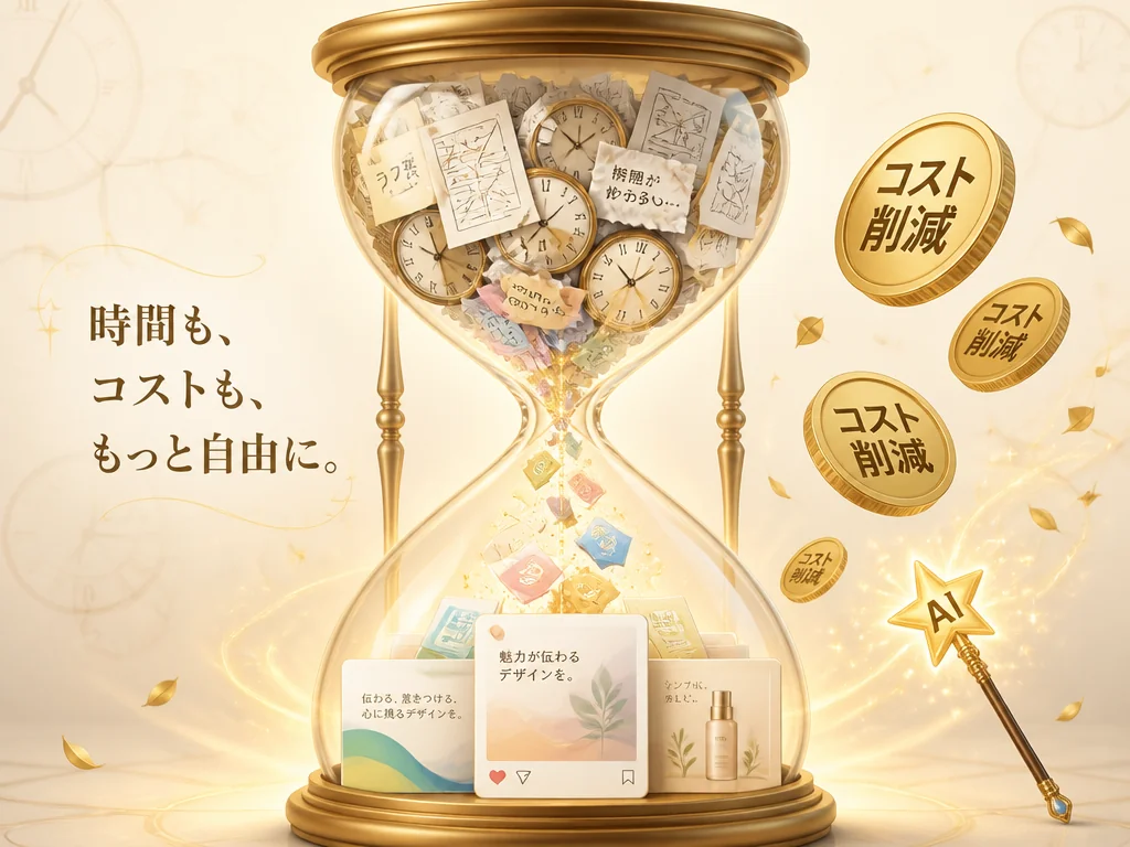 砂時計の中で古い制作工程が効率的なデザインに変わる、時間とコスト削減のメタファー