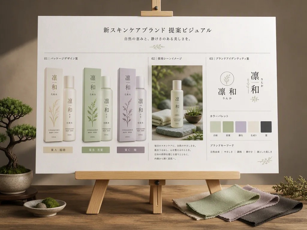 新商品のパッケージやブランドアイデンティティを提案するプレゼンテーションボード