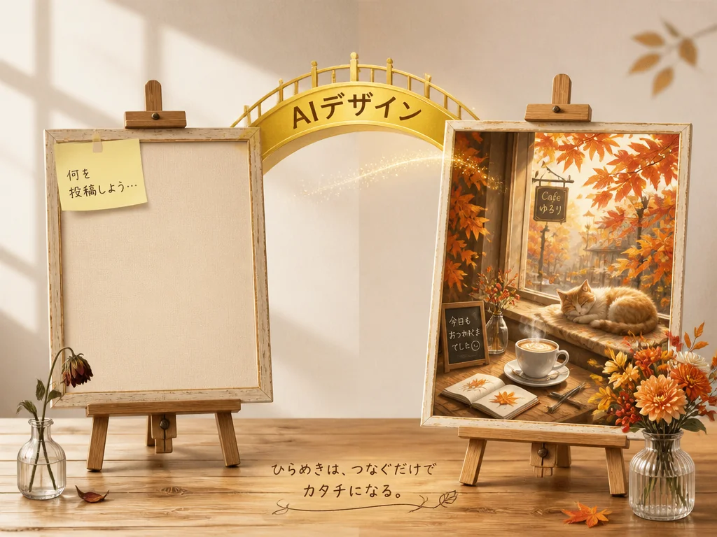 SNS投稿に行き詰まった状態から、AIデザインで秋のカフェ風景イラストが完成するビフォーアフター