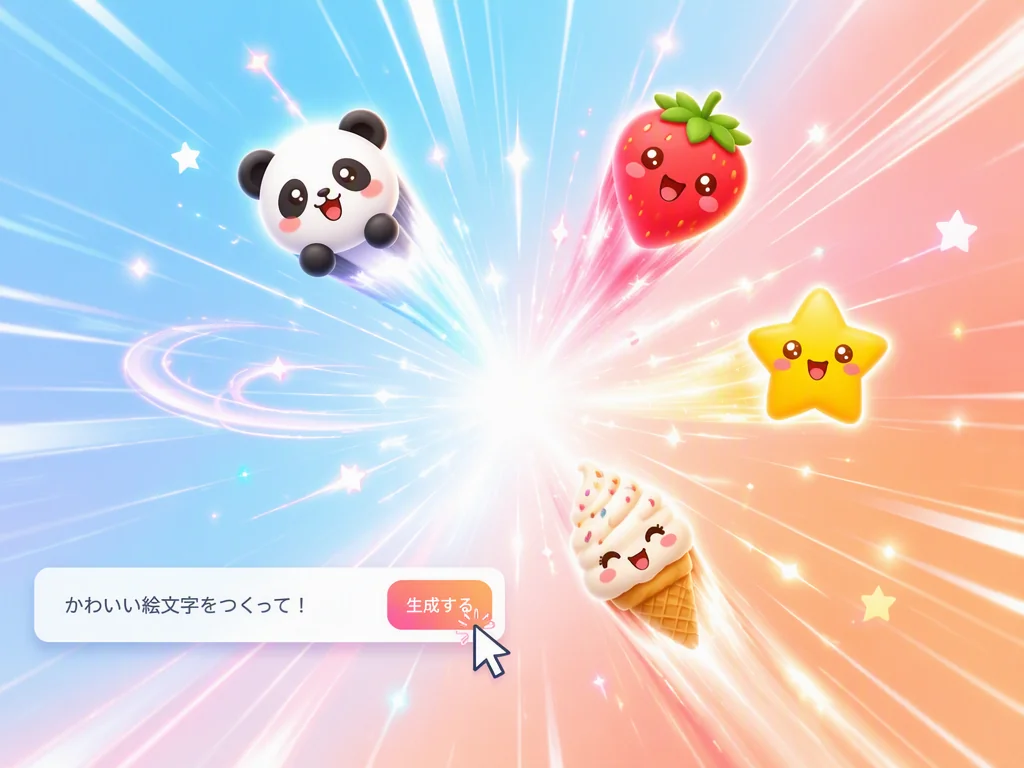 指示文を入力して生成ボタンを押すと、短時間でオリジナル絵文字が完成する様子