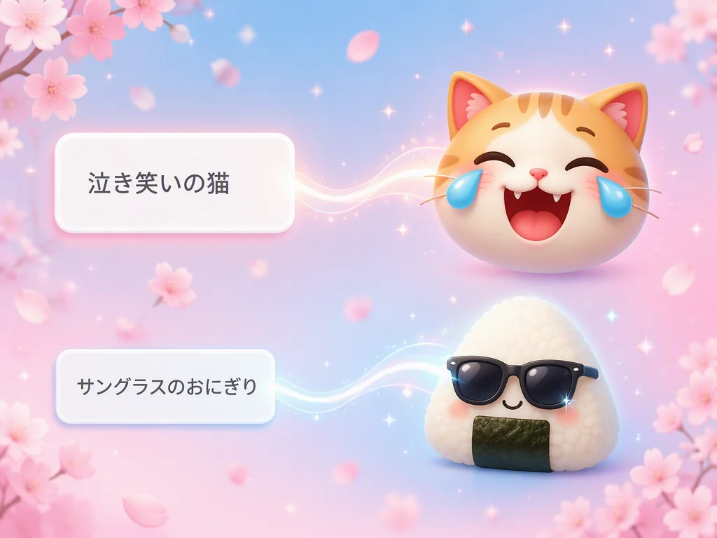 日本語の指示文から「泣き笑いの猫」のオリジナル絵文字を生成する様子