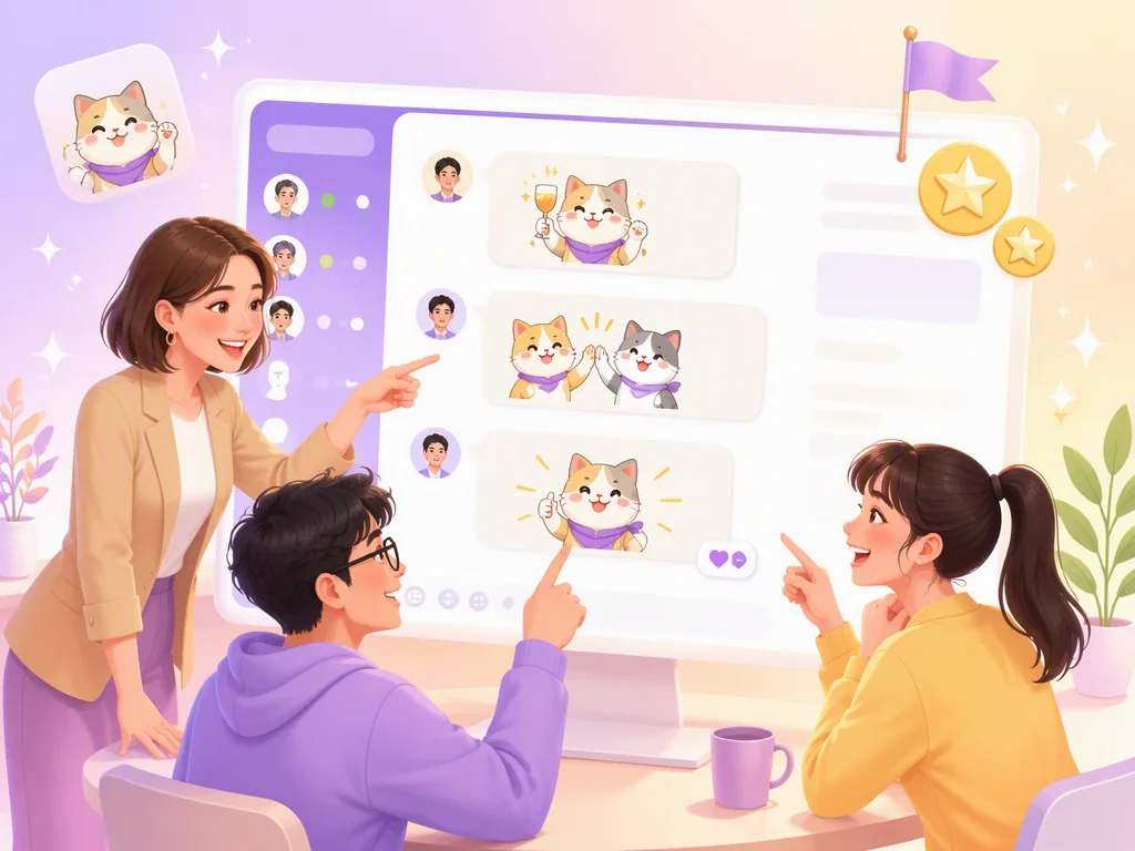 チームでオリジナル絵文字を共有してコミュニケーションを楽しむ様子