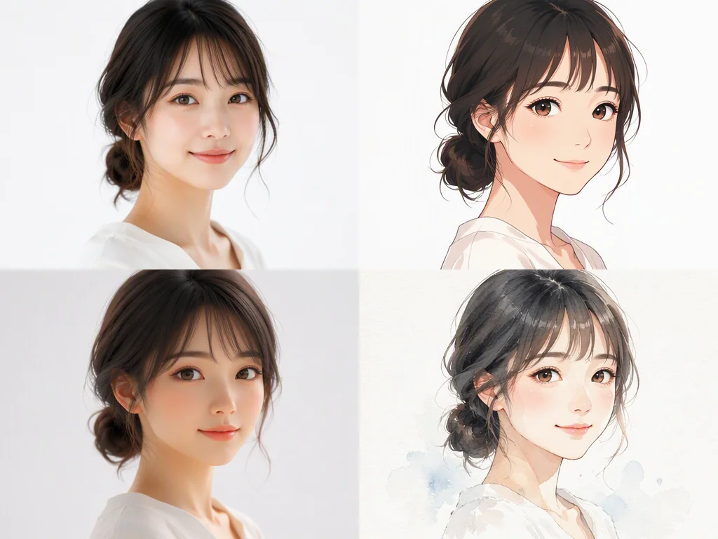 AI顔生成で同じ顔を写実・アニメ・3D・水彩の4スタイルで表現した比較
