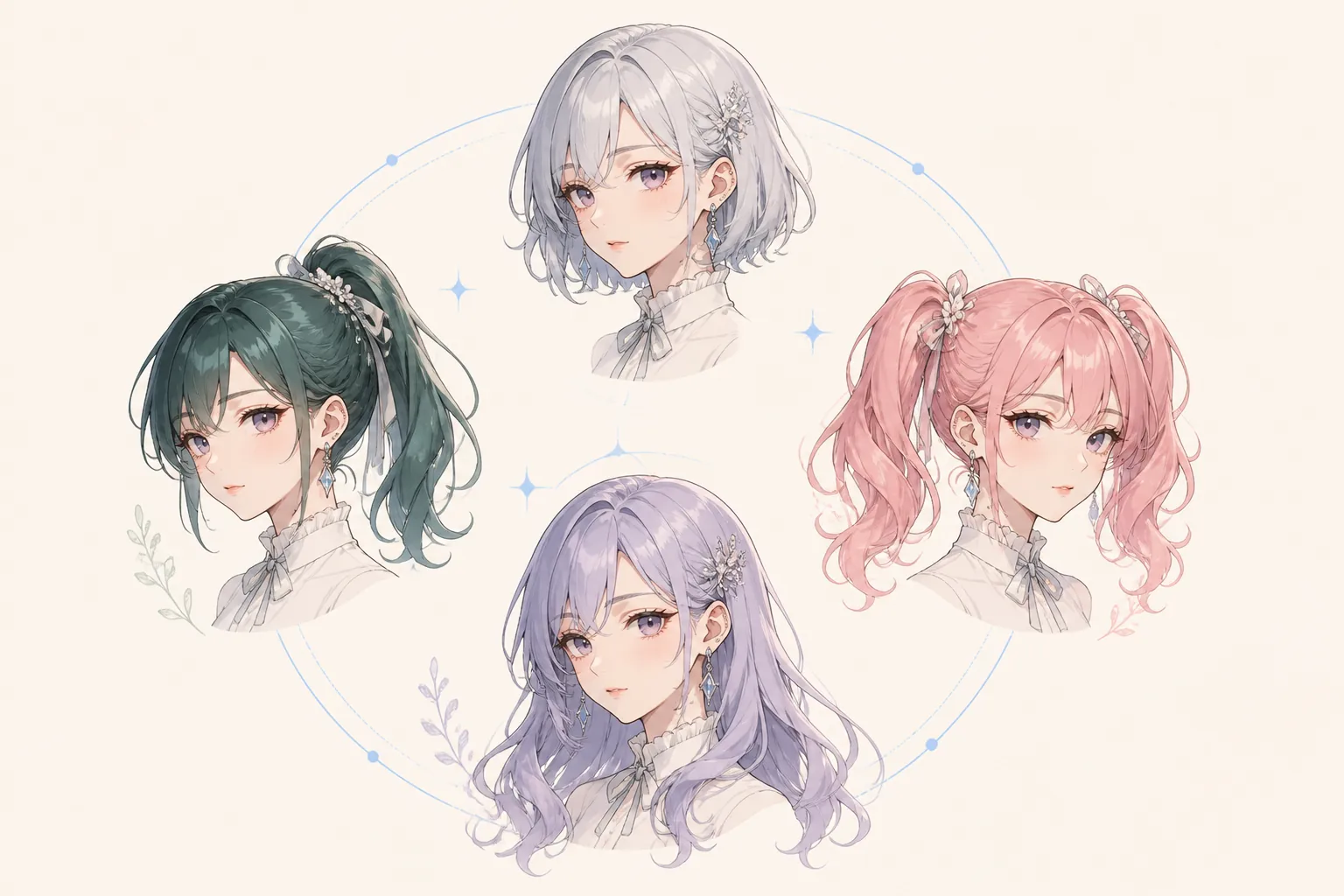 Several hairstyles tried on the same illustration character and lined up for comparison