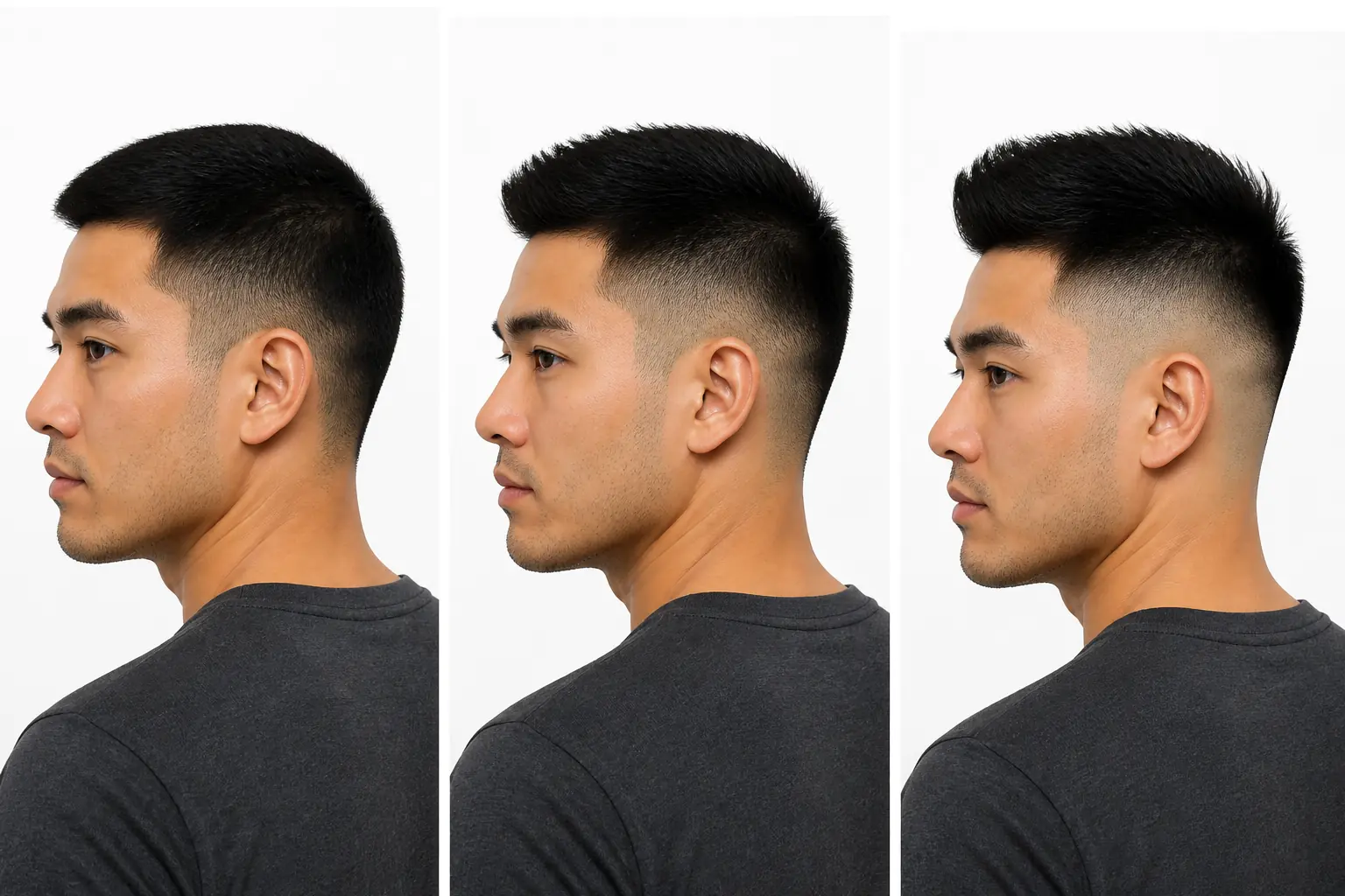 The same men's cut shown at three different fade heights side by side