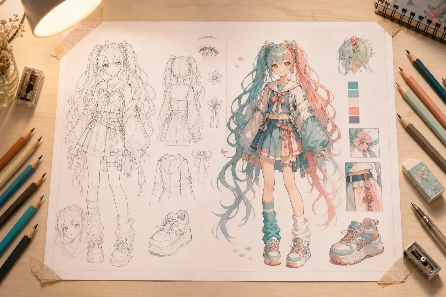 Anime character hairstyles laid out as a character design sheet