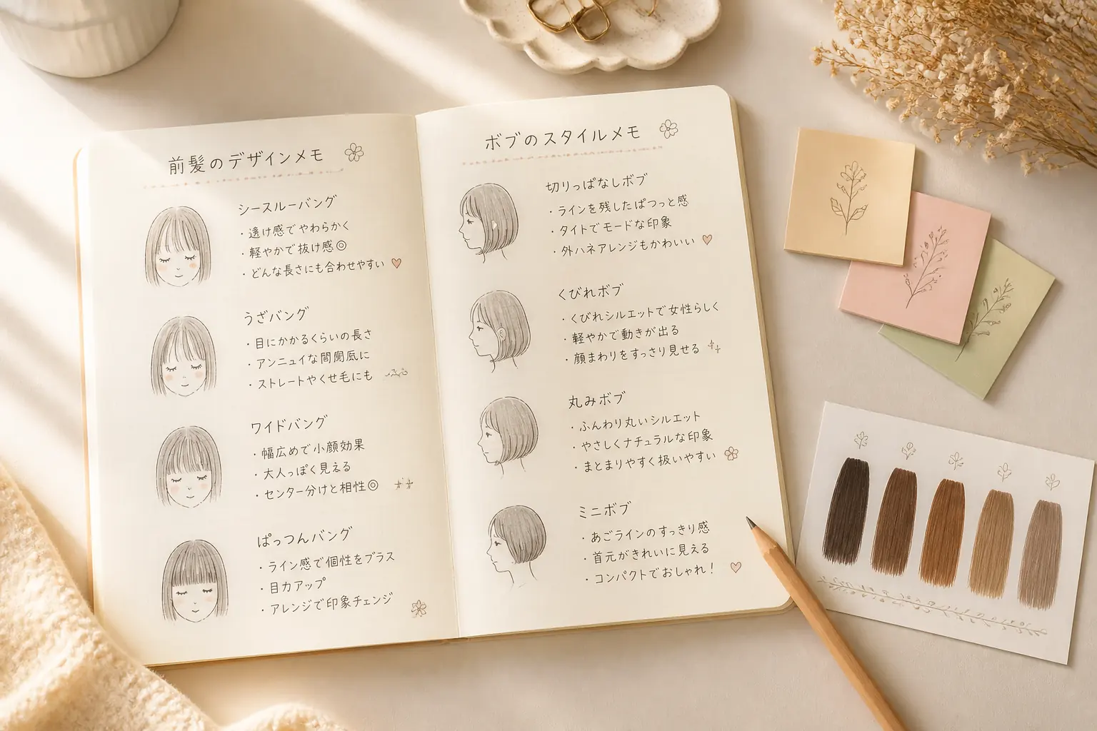 A notebook with hairstyle wishes written out in words, beside a hairstyle image