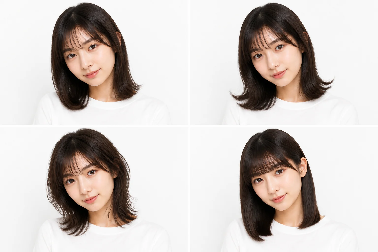 Four hairstyles of the same length tried on one head from a single angle