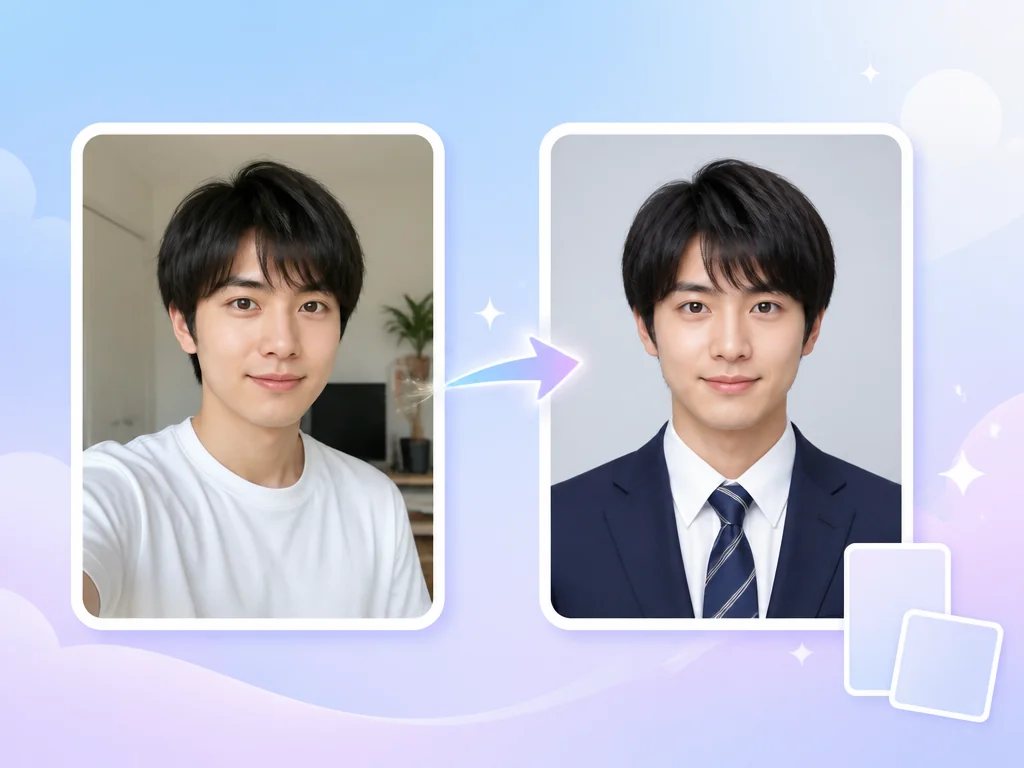 自撮り写真からスーツ姿の証明写真に変わる比較イメージ