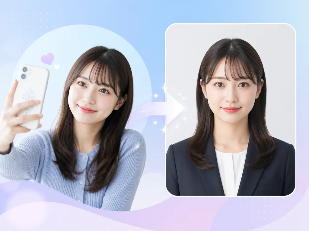 AI証明写真を自撮り写真から作成する前後比較イメージ