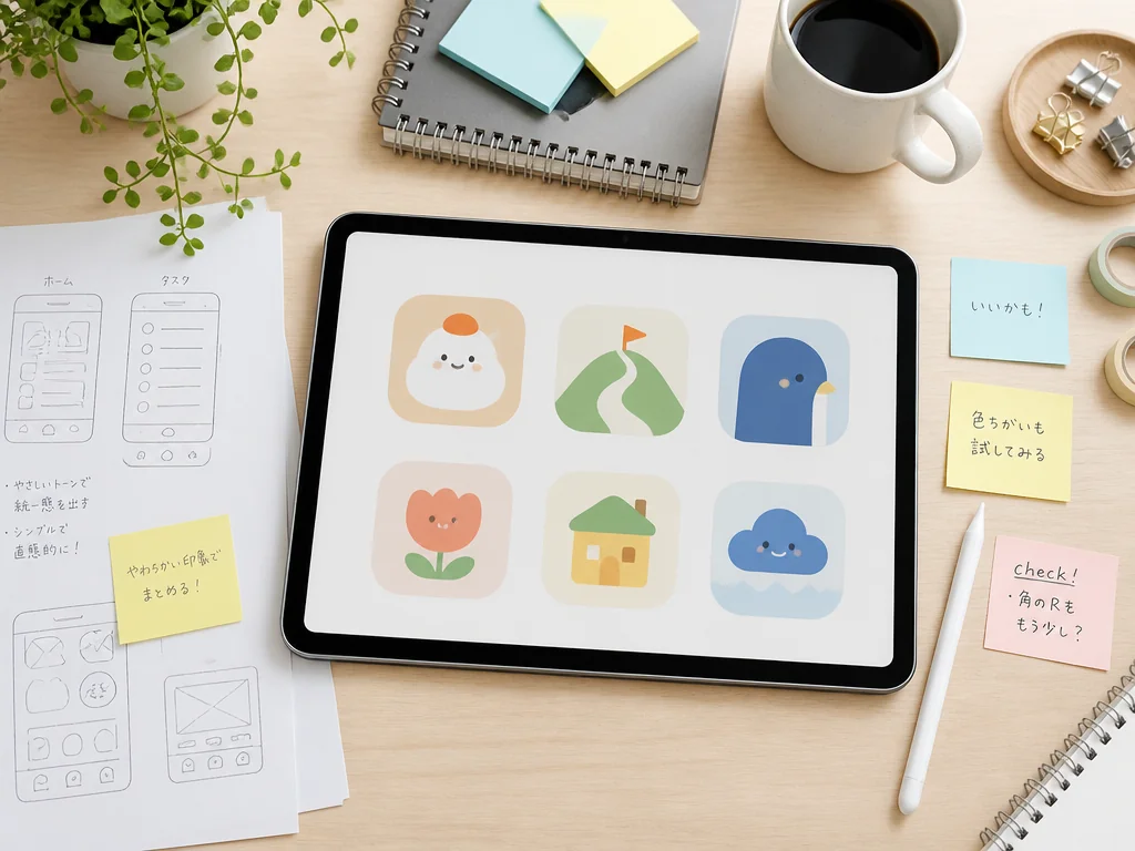 Designer workspace with a tablet showing multiple AI-generated app icon candidates for review