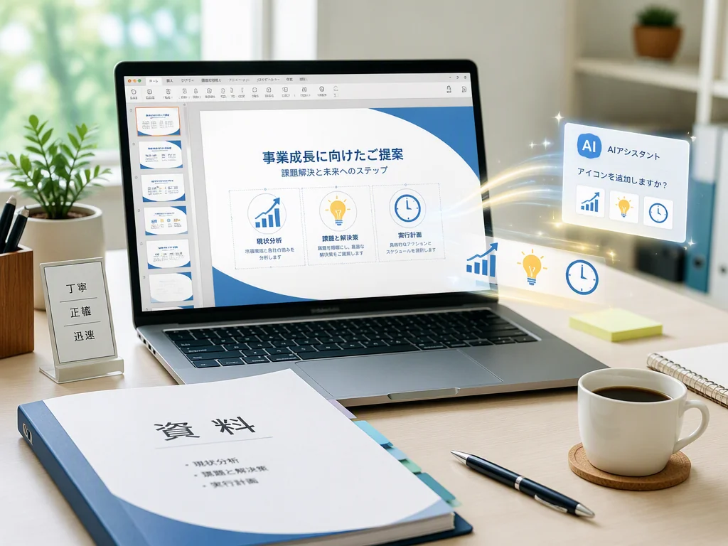 Office desk scene where business icons are generated and used for presentation slides