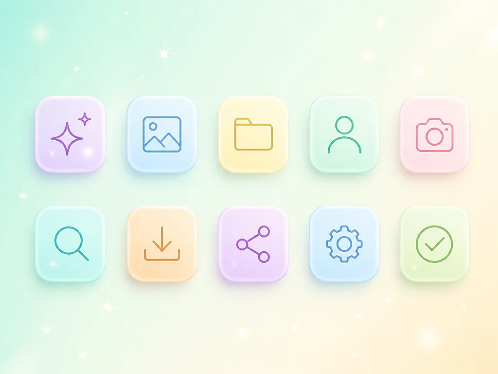 AI icon generator interface of Gazouya, showing a Japanese prompt example and generated symbol icons such as a flower, a house and a camera