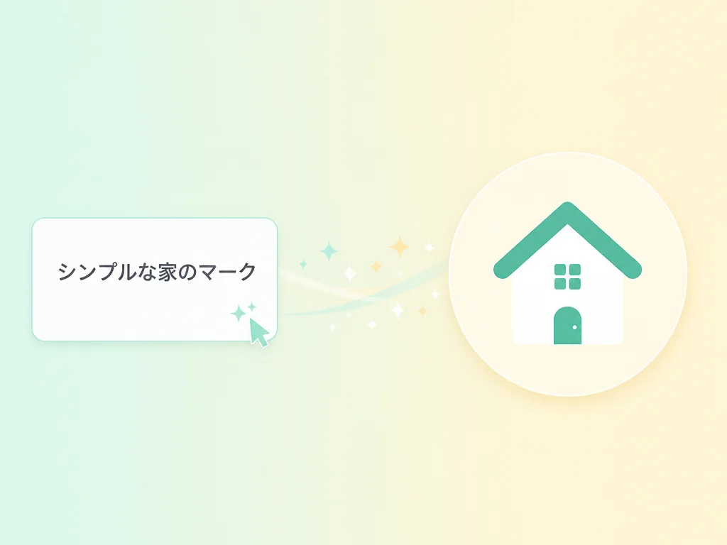 AI icon creation from the Japanese prompt 'a simple house symbol', showing a clean and recognizable house icon being generated