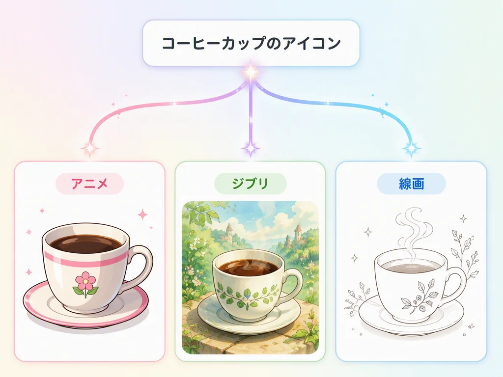 Comparison of multiple icon styles available in the AI icon generator, showing the same motif in anime, Ghibli-inspired and line-drawing styles