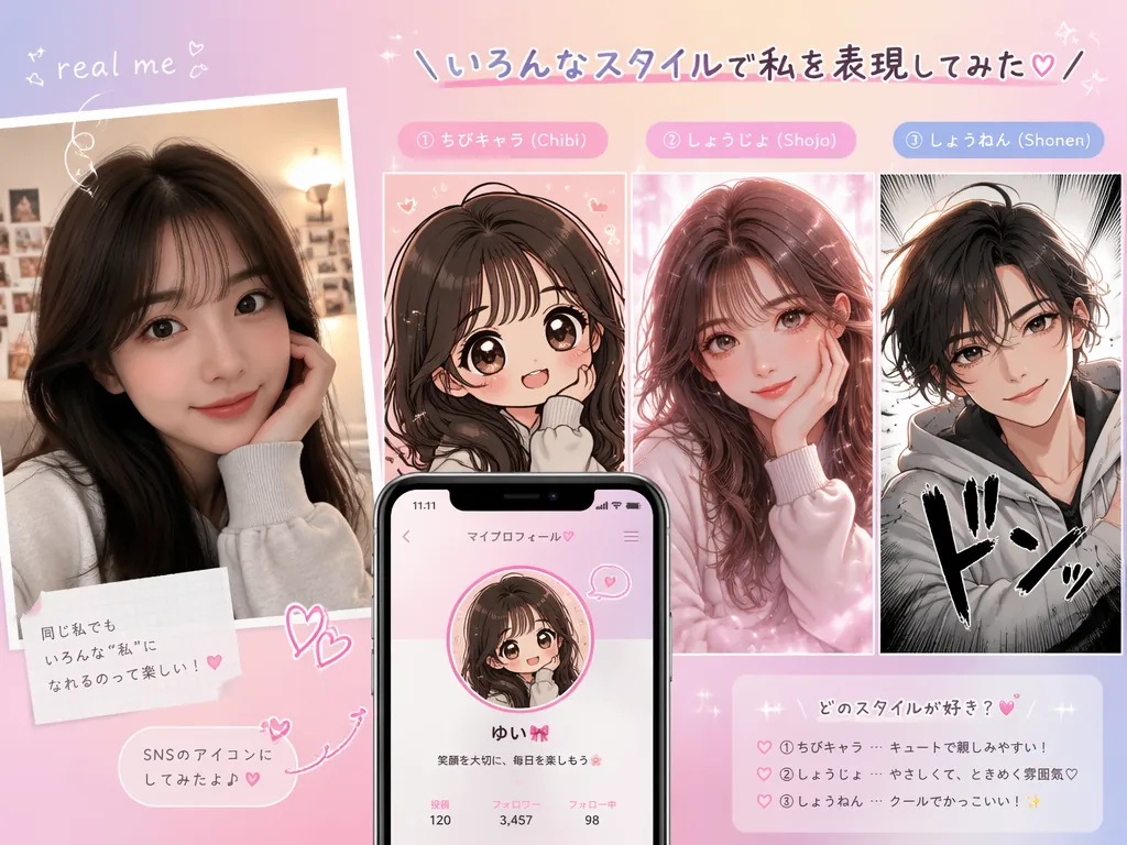 画像から画像生成AIで自撮り写真をアニメ風アバターに変換する例