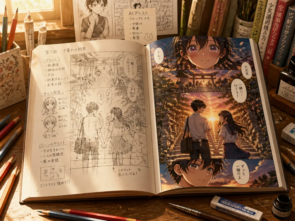 ラフスケッチからAI漫画生成でフルカラーの完成原稿へと変わる同人誌制作のビフォーアフターイメージ