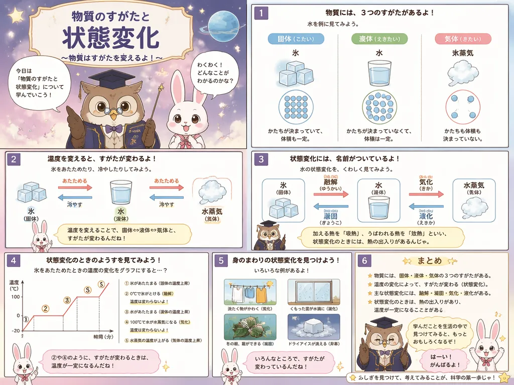 フクロウ先生とウサギ生徒の動物キャラクターが日本語で科学概念を解説するAI漫画生成による教育用漫画ページのイメージ