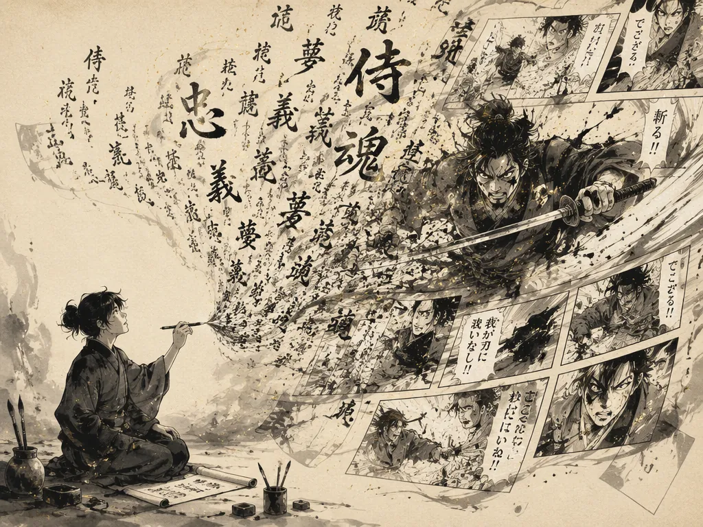 AI漫画生成で日本語のテキストが墨筆の筆運びのように流れ、戦士の漫画シーンへと変わるイメージ