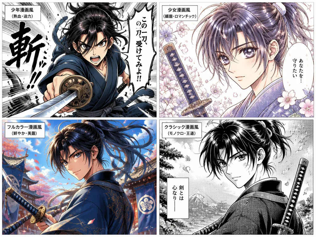 少年漫画、少女漫画、カラー漫画、モノクロ漫画の4種類の漫画スタイルを2x2グリッドで比較展示するAI漫画生成のイメージ
