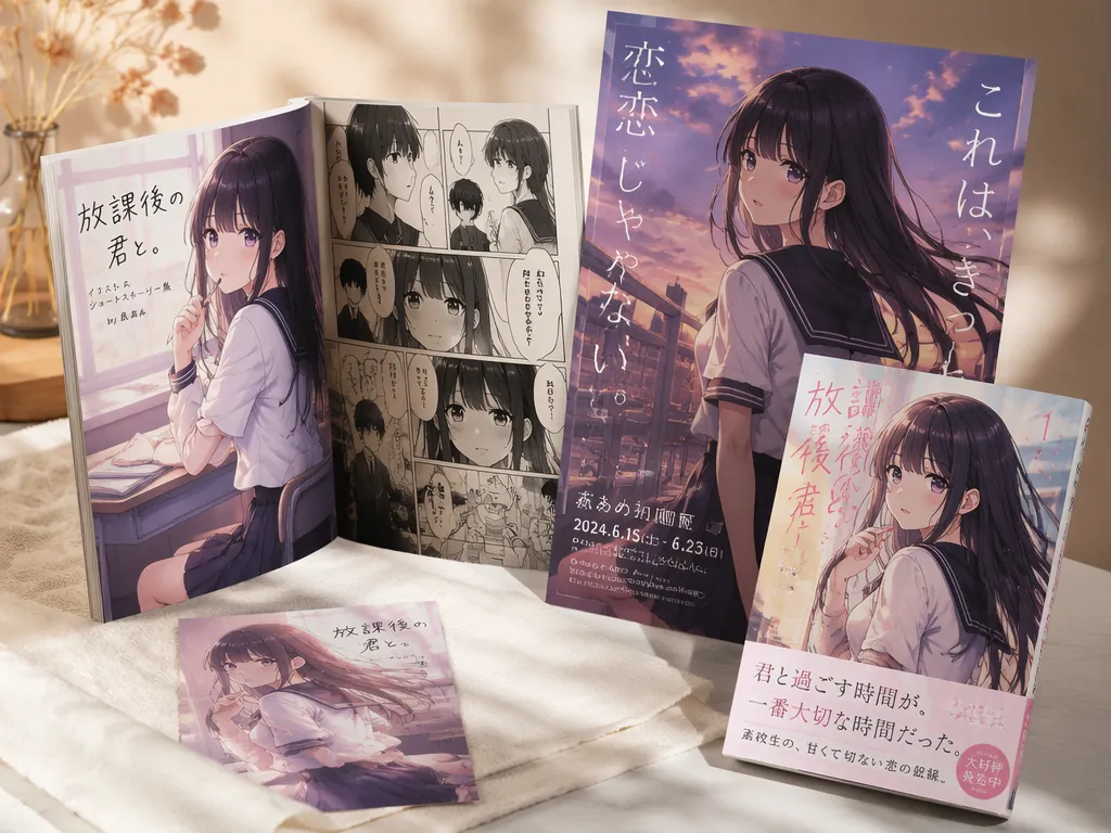 AI漫画生成で制作した同人誌、宣伝ポスター、単行本の3種類の印刷物を並べた商用利用シーンのイメージ