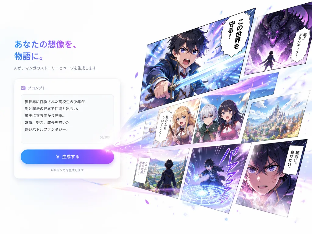 AI漫画生成で日本語のテキストが墨筆の筆運びのように流れ、戦士の漫画シーンへと変わるイメージ