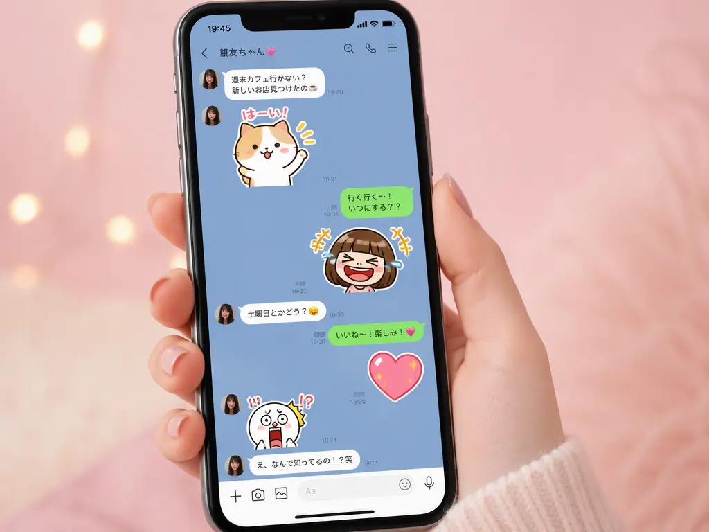 LINEのチャット画面で友達とAI生成スタンプを送り合うシーン