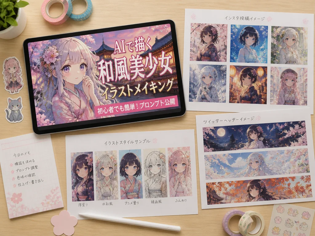 AIアニメ生成で作成したSNS向けアニメ素材：YouTubeサムネイルやインスタ投稿用のアニメイラストをデスク上に展開