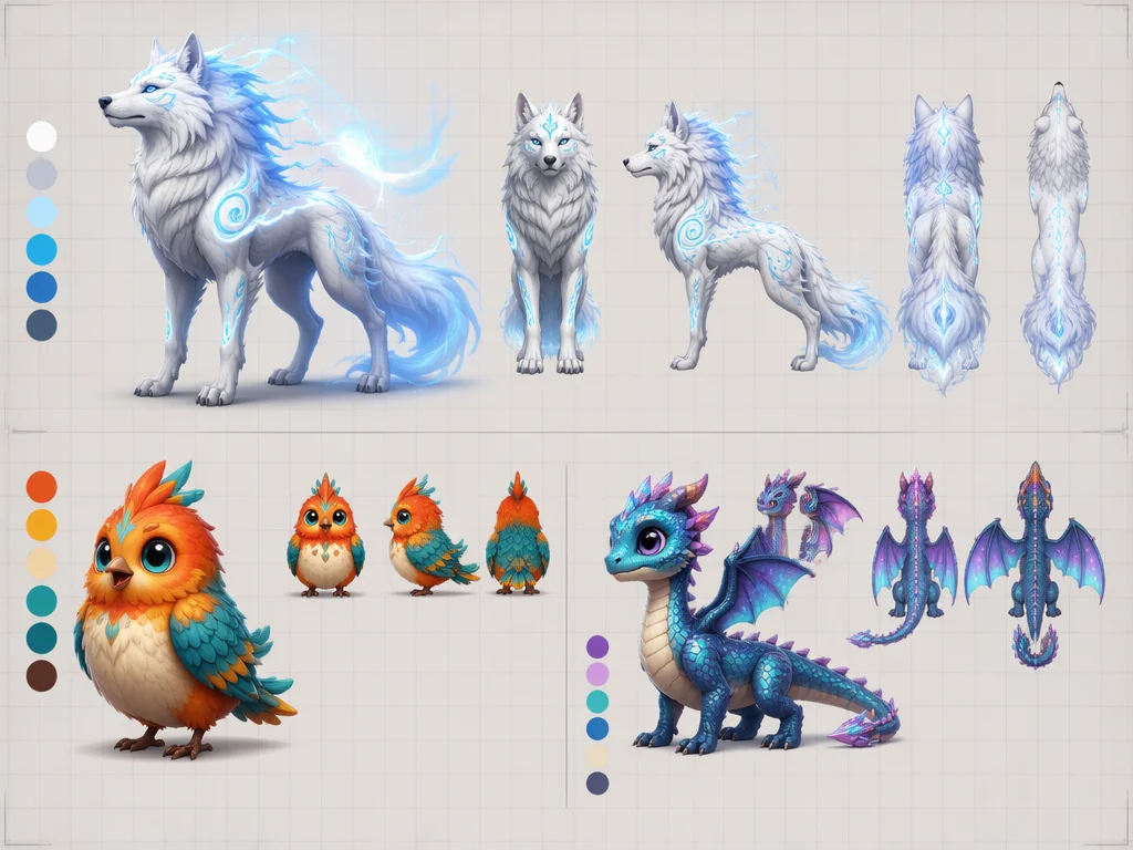 AIアニメ生成で作成したゲーム用キャラクターデザイン：白狼・鳥・ドラゴンのファンタジー生物のコンセプトアートシート