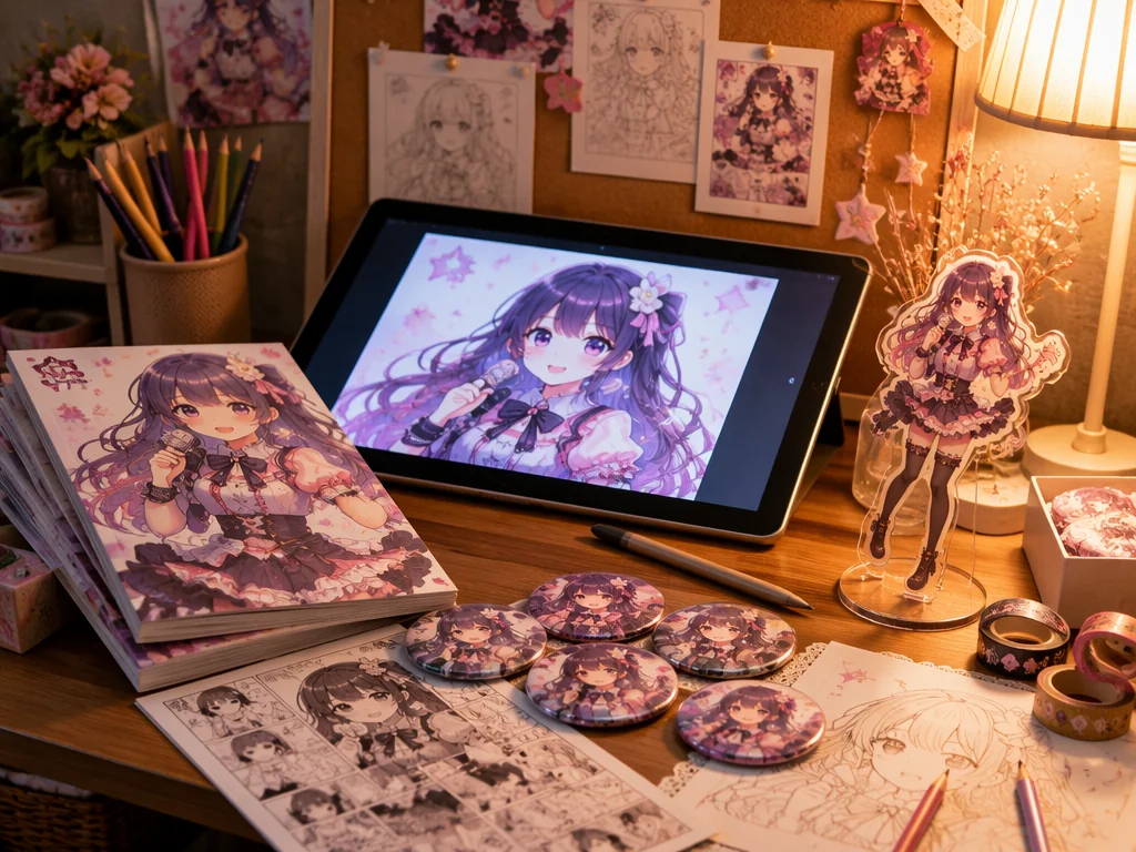 AIアニメ生成を活用した同人クリエイターの作業空間：タブレットのアニメキャラと同人誌・缶バッジ・アクリルスタンドなど制作物