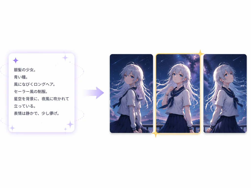 AIアニメ生成のテキストから画像生成機能：日本語プロンプトカードから複数のアニメキャラクター生成バリエーションが出力される様子