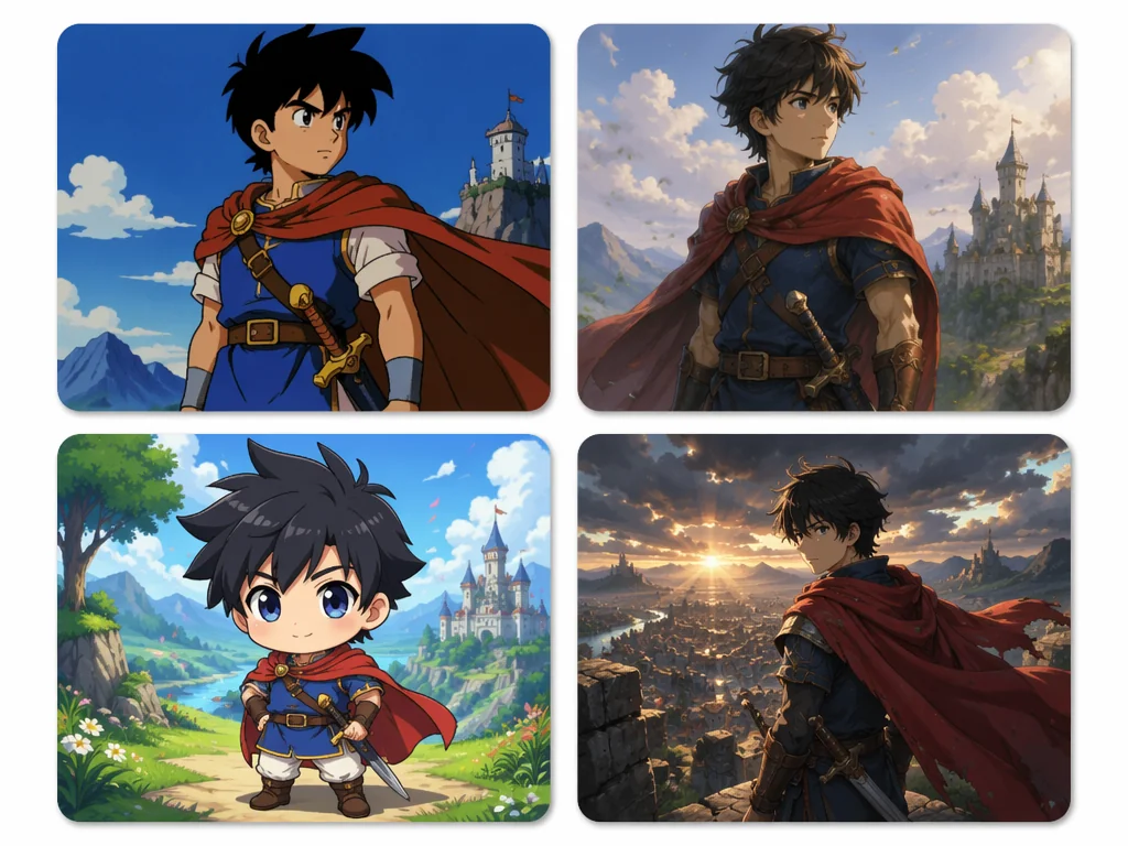 AIアニメ生成の多スタイル機能：同一キャラクターをセル画風・デジタルイラスト・デフォルメ・映画風の4つのアニメスタイルで比較表示