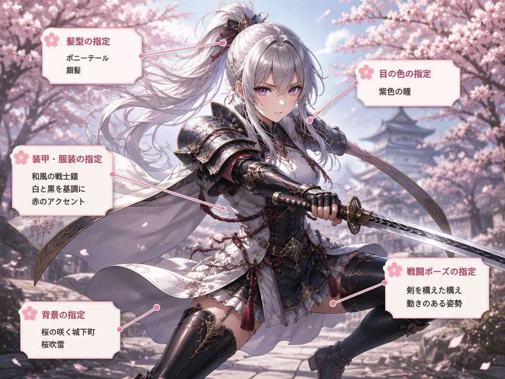 AIアニメ生成の精密制御機能：和風戦士キャラクターの髪型・目の色・装甲・ポーズ・背景の各要素に日本語プロンプトタグが紐づく様子