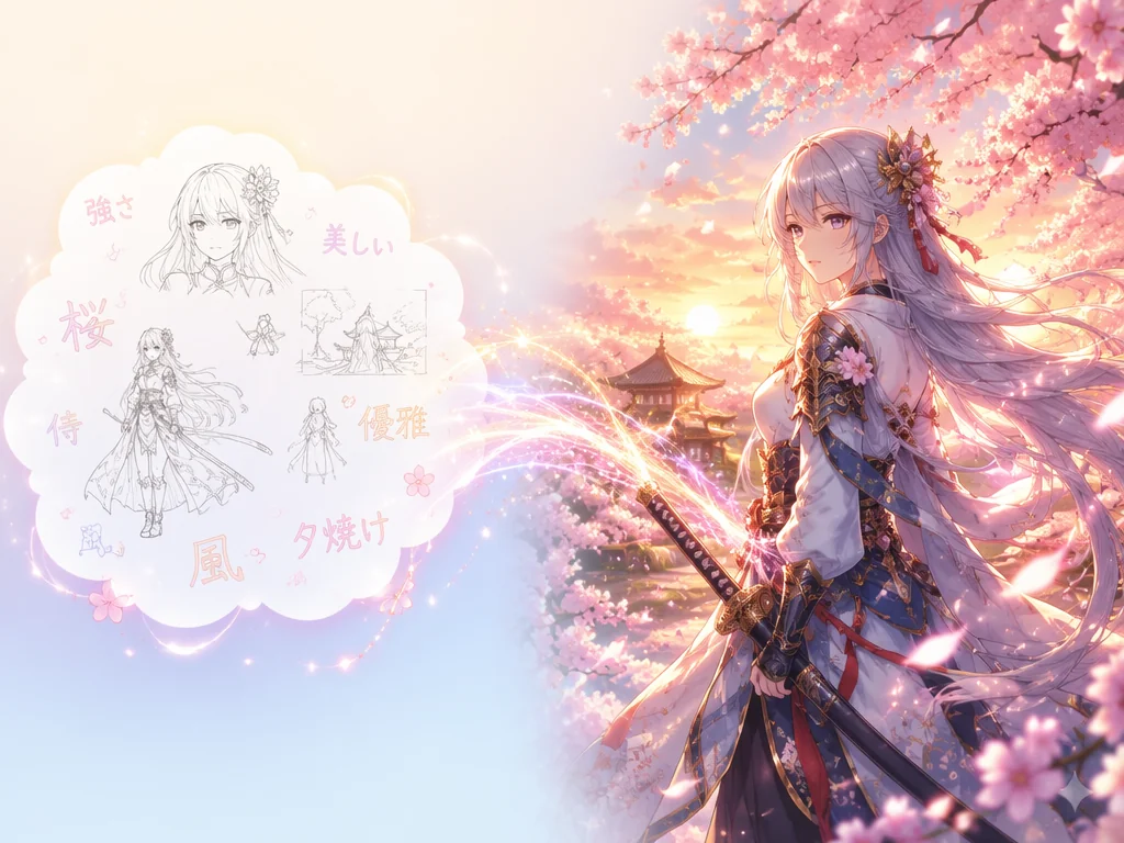 AIアニメ生成のビフォーアフター比較：左側にアイデアスケッチとキーワード、右側に完成した桜の下の銀髪戦士のアニメイラスト