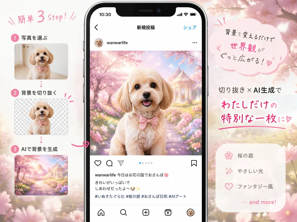 SNS投稿用に背景透過した写真を新しい背景と組み合わせるイメージ