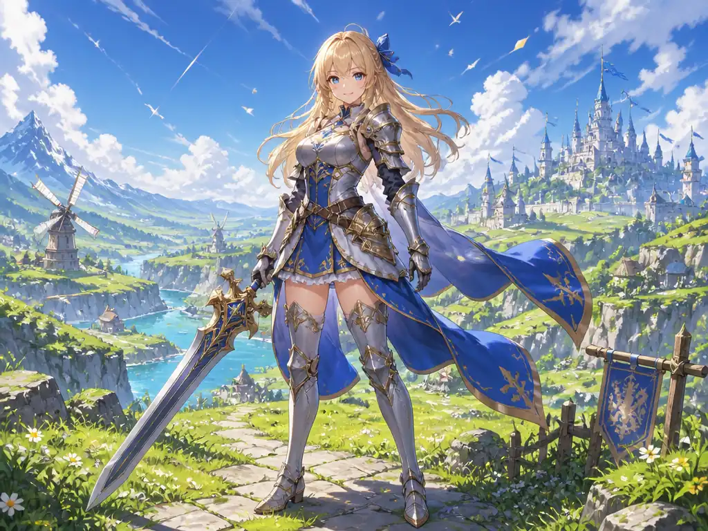 A full-body game character illustration of a girl warrior standing in a bright fantasy game world